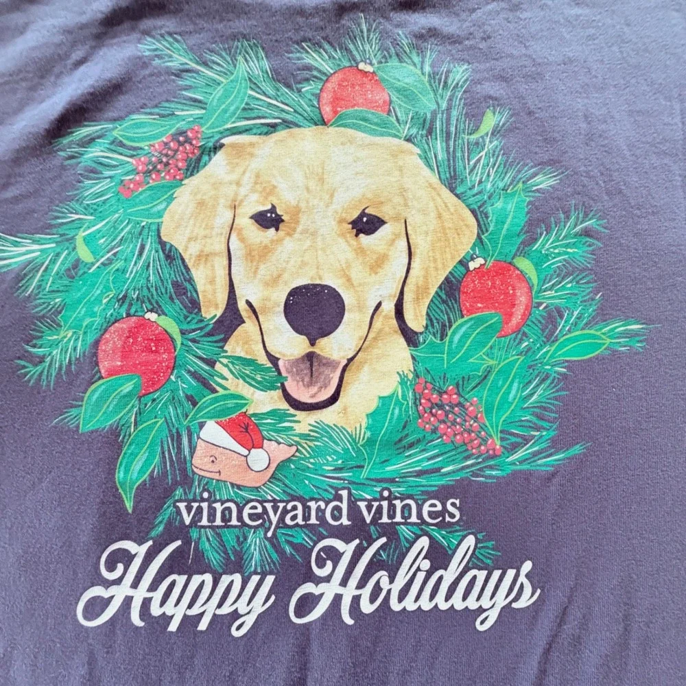 Vineyard Vines‎ Mens XL Navy Blue Happy Holidays Golden Retriever Pocket T-Shirt
